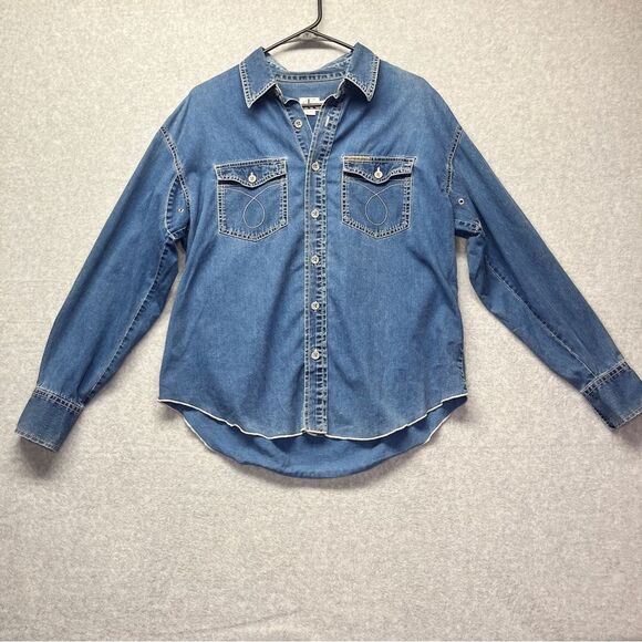 CK Calvin Klein Denim Button Up Shirt Blue Vintage 90s size L 100% Cotton - Picture 1 of 10